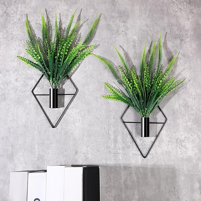 2 Pieces Wall Decor Hanging Planters with Artificial Plants Metal Hanging Vase Indoor Plants Holder Modern Boho Wall Art for Bathroom Bedroom Living Room Decor(Black,Boston Fern)