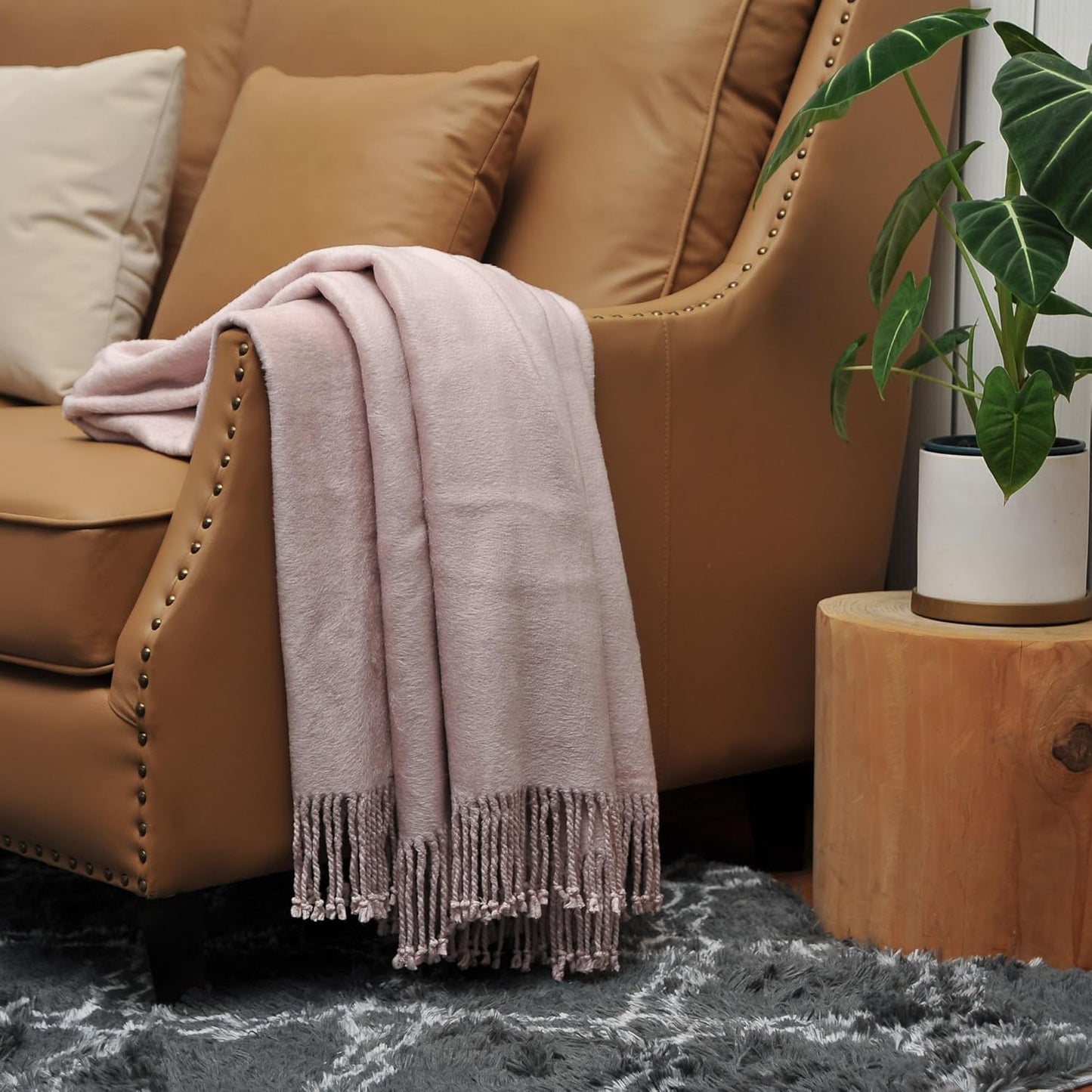 EP Mode Fringed Mulberry Silk Throw Blanket for Sofa (Cameo Pink)