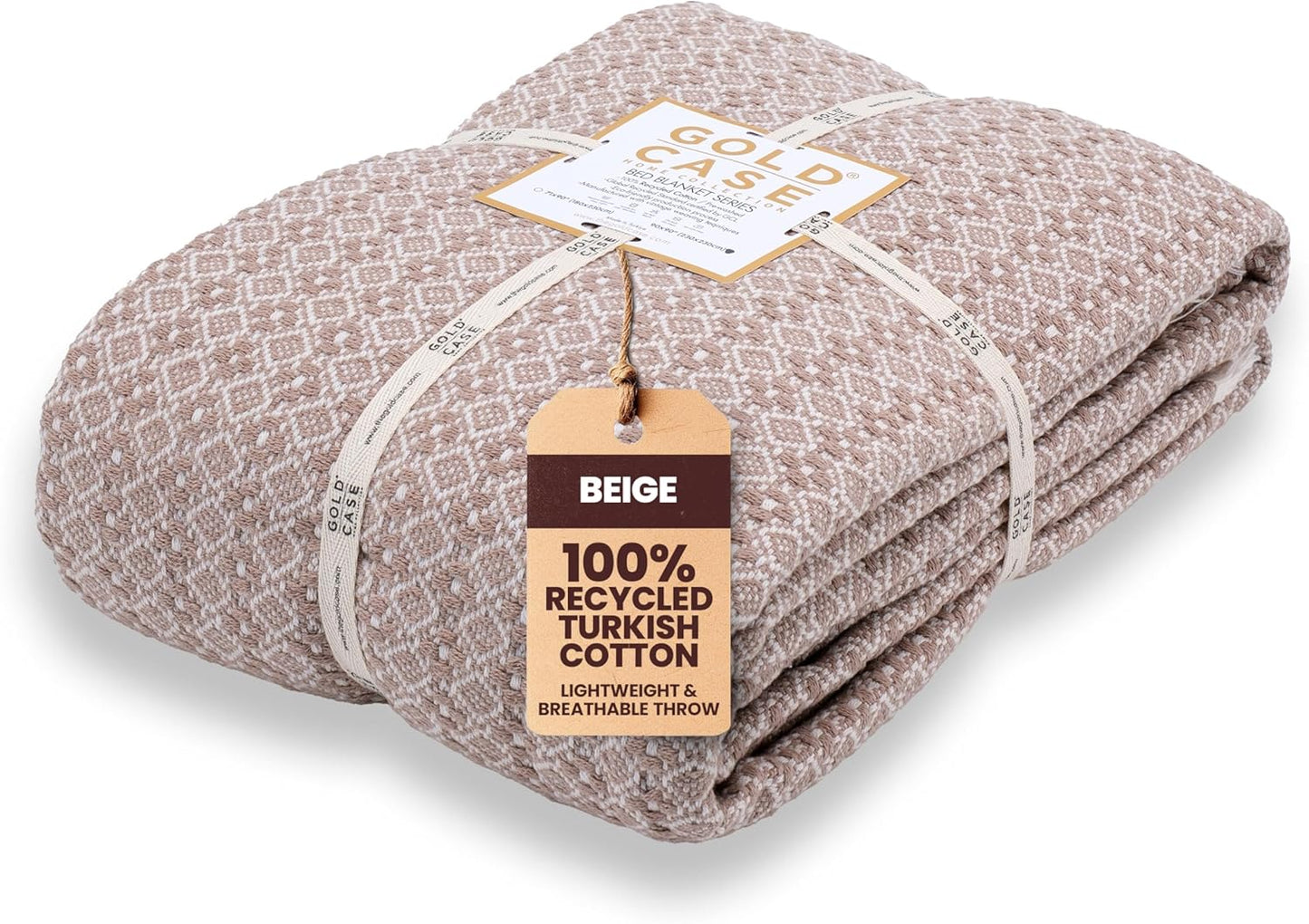 Gold Case Throw Blanket for Bed - 100% Recycled Turkish Cotton Blanket - Retro Lightweight Soft Throw Blankets for Bed & Living Room - Queen Size Cozy Blankets - 90x90 - Beige