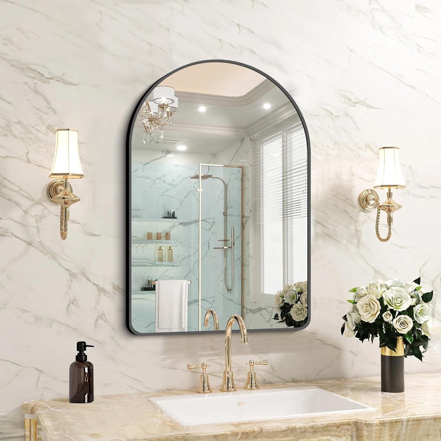 FORBATH Arched Bathroom Mirror 20x28 Inch, Bathroom Mirror Wall Mounted Modern Black Aluminum Alloy Frame Decor Dresser Mirror for Bedroom Living Room Entryway, Hanging or Leaning Against Wall