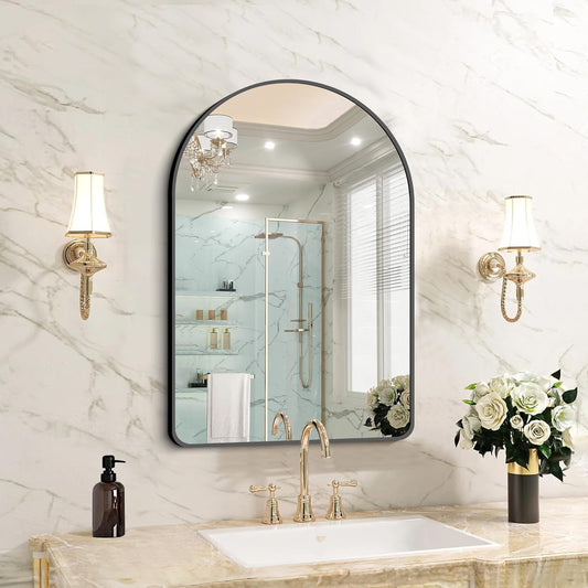 FORBATH Arched Bathroom Mirror 20x28 Inch, Bathroom Mirror Wall Mounted Modern Black Aluminum Alloy Frame Decor Dresser Mirror for Bedroom Living Room Entryway, Hanging or Leaning Against Wall