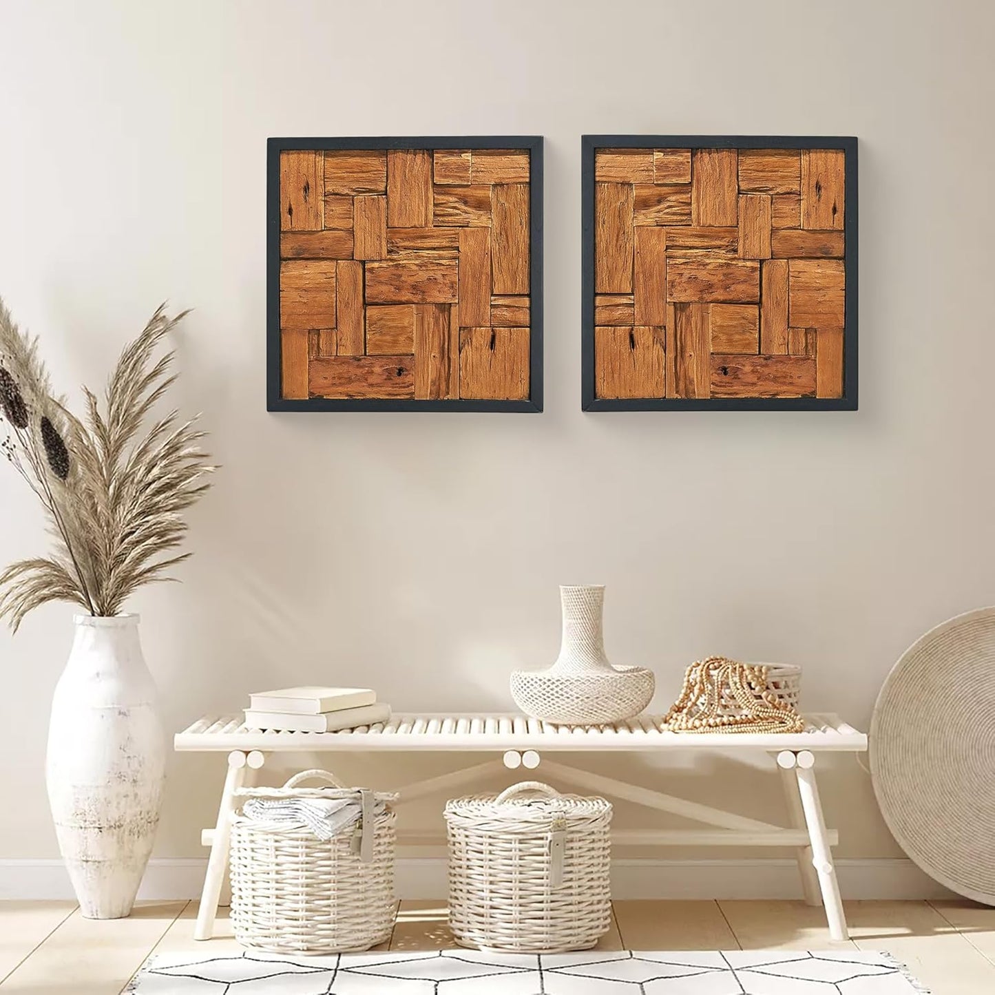 Greenage Reclaimed Teak Wood Wall Decor 17"x17" Farmhouse Square Wall Art Rustic Wooden Wall Hanging Decoration Rectangular Geometric Framed Wall Panel Shape for Home Living Room Bedroom