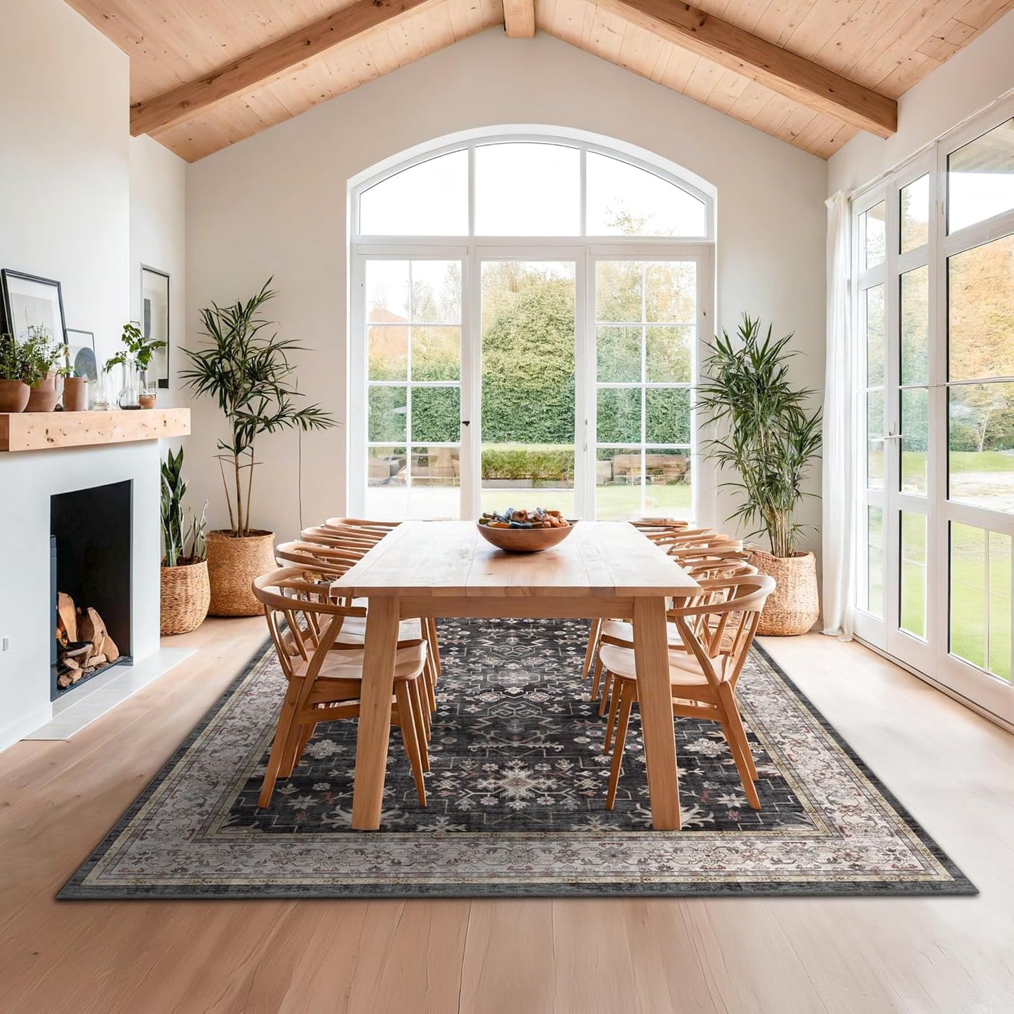 Black Boho Rug for Living Room 9x12 - Washable Dining Room Rugs for Under Table, Vintage Soft Low Pile Carpet for Bedroom, Non-Slip Farmhouse Bohemian Large Tumble Rug for High Traffic Area