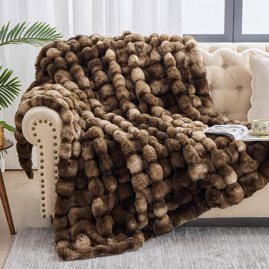 Luxury 1000GSM Faux Rabbit Fur Throw Blanket, Super Heavy Warm Cozy Blankets for Couch Bed Sofa, Bubble Plush Fuzzy Elegant Soft Reversible Mink Blanket for Living Room Bedroom, Brown
