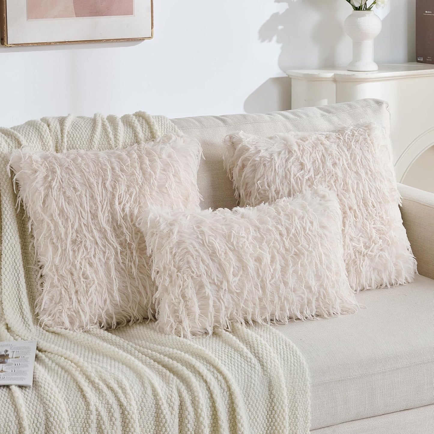 FUTEI Cream White Decorative Throw Pillow Covers 18x18 Inch Set of 2,Soft Fluffy Faux Feather Texture Cushion Cases,Modern Home Luxury Decor for Couch Bed Living Room