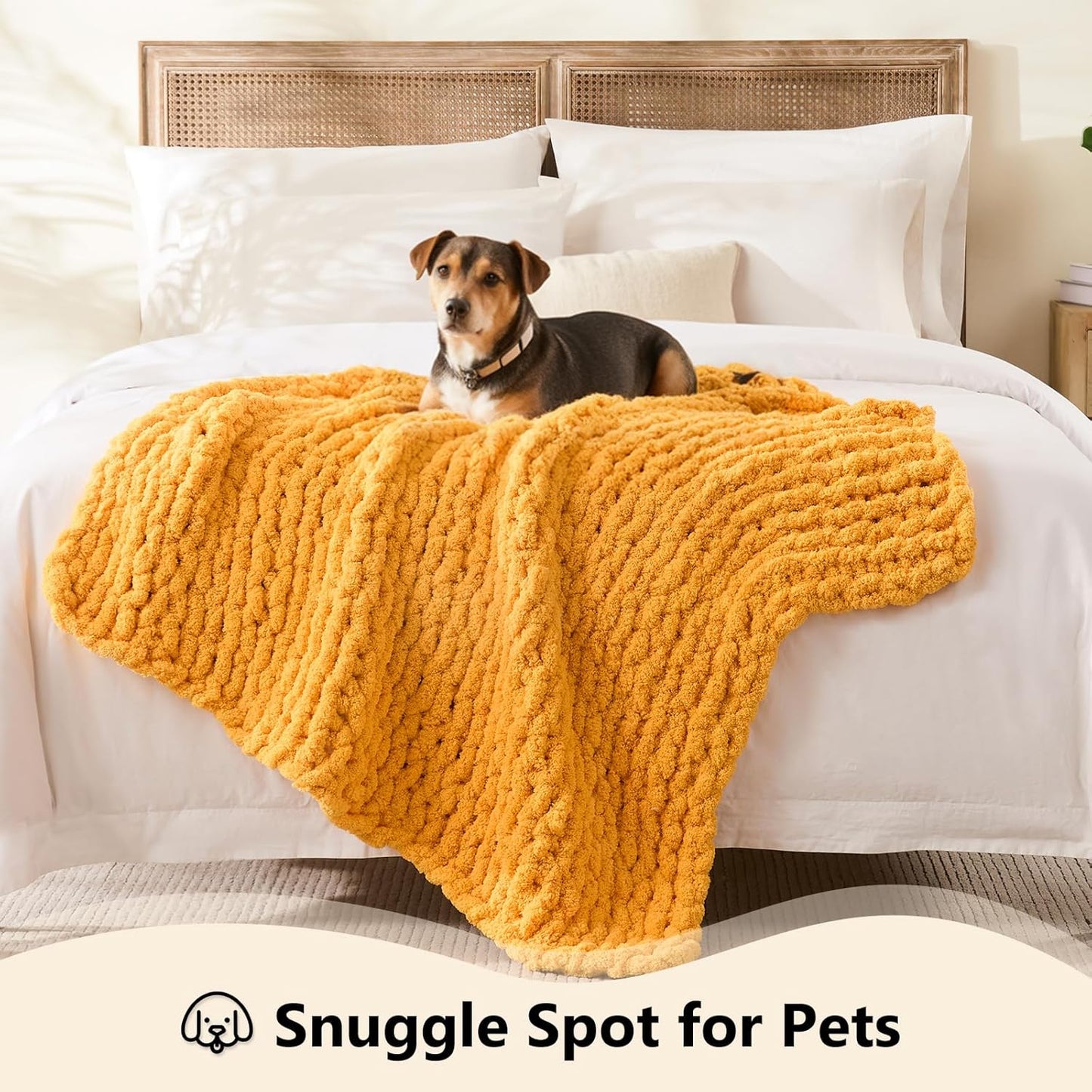 L'AGRATY Chunky Knit Throw Blanket - 40x50: 100% Hand-Knitted Chenile Crochet Blanket For Home Decor (Mustard Yellow)