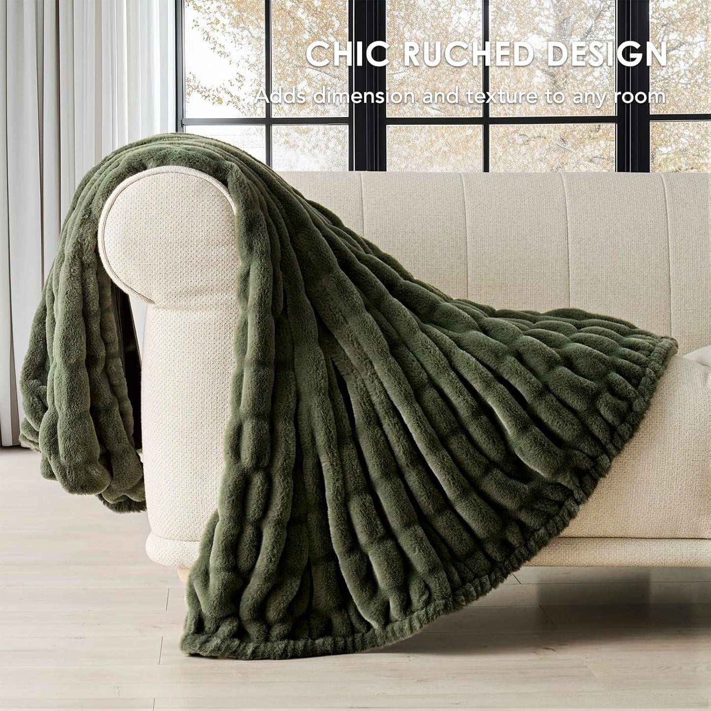 EVERGRACE Luxurious Soft Faux Rabbit Fur Throw Blanket, Cozy Fuzzy Plush Warm Throws for Couch Bed Sofa Chair Home Decor, Ruched Bubble Fluffy Blanket with Reversible Velvet, 60" x 80", Loden Green