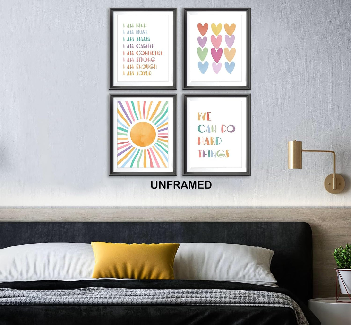 I am Kind Brave Smart Affirmations Colorful Sun Sunshine Hearts Poster Prints for Girls Kids Room Playroom Decor,Girl Nursery Decorations Prints Wall Art Unframed 4pcs,Girls Kids Gifts (12x16 in)