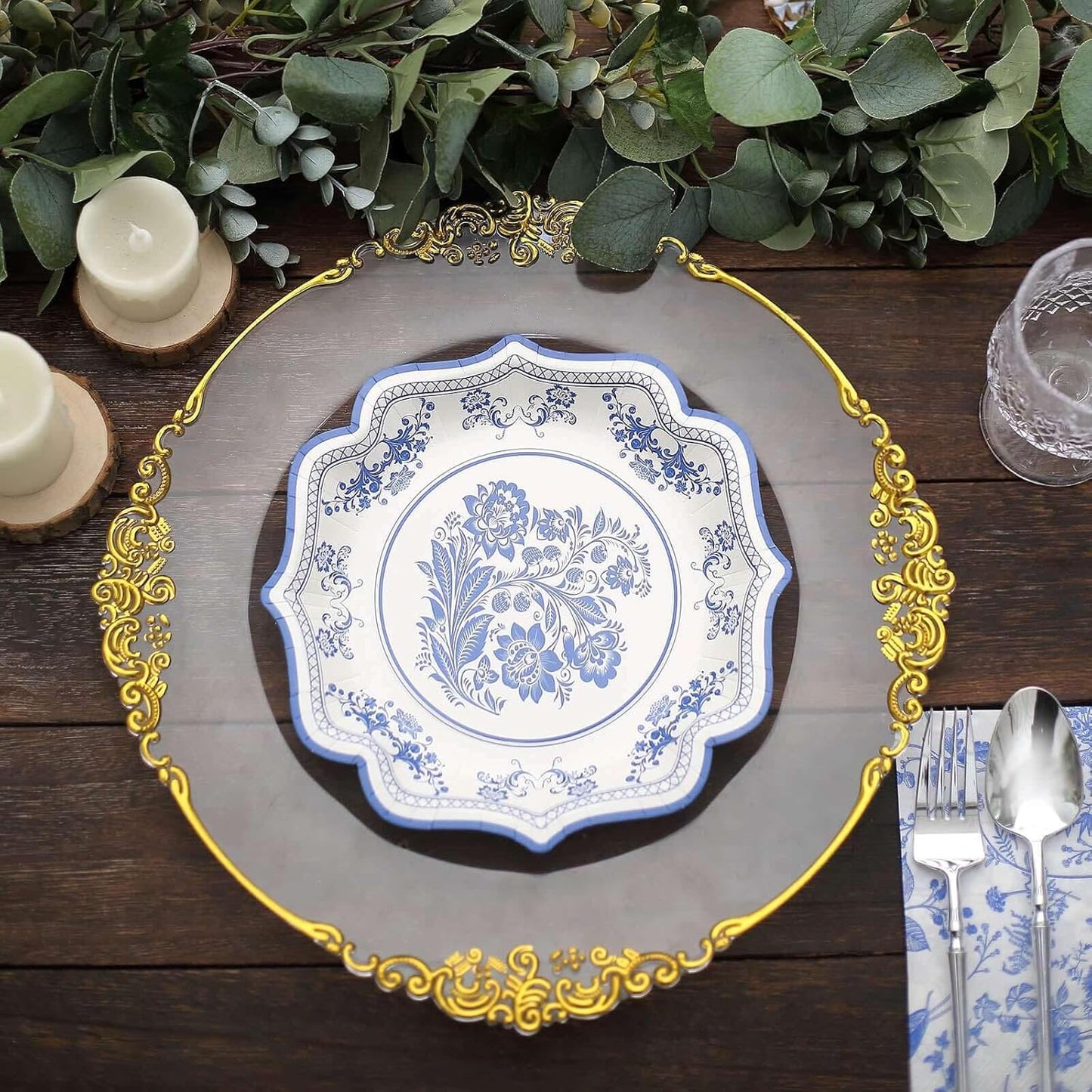 Efavormart 25 Pack | 8" White/Blue Chinoiserie Floral Print Paper Dessert Plates With Scalloped Rims, Disposable Salad Appetizer Plates - 300 GSM