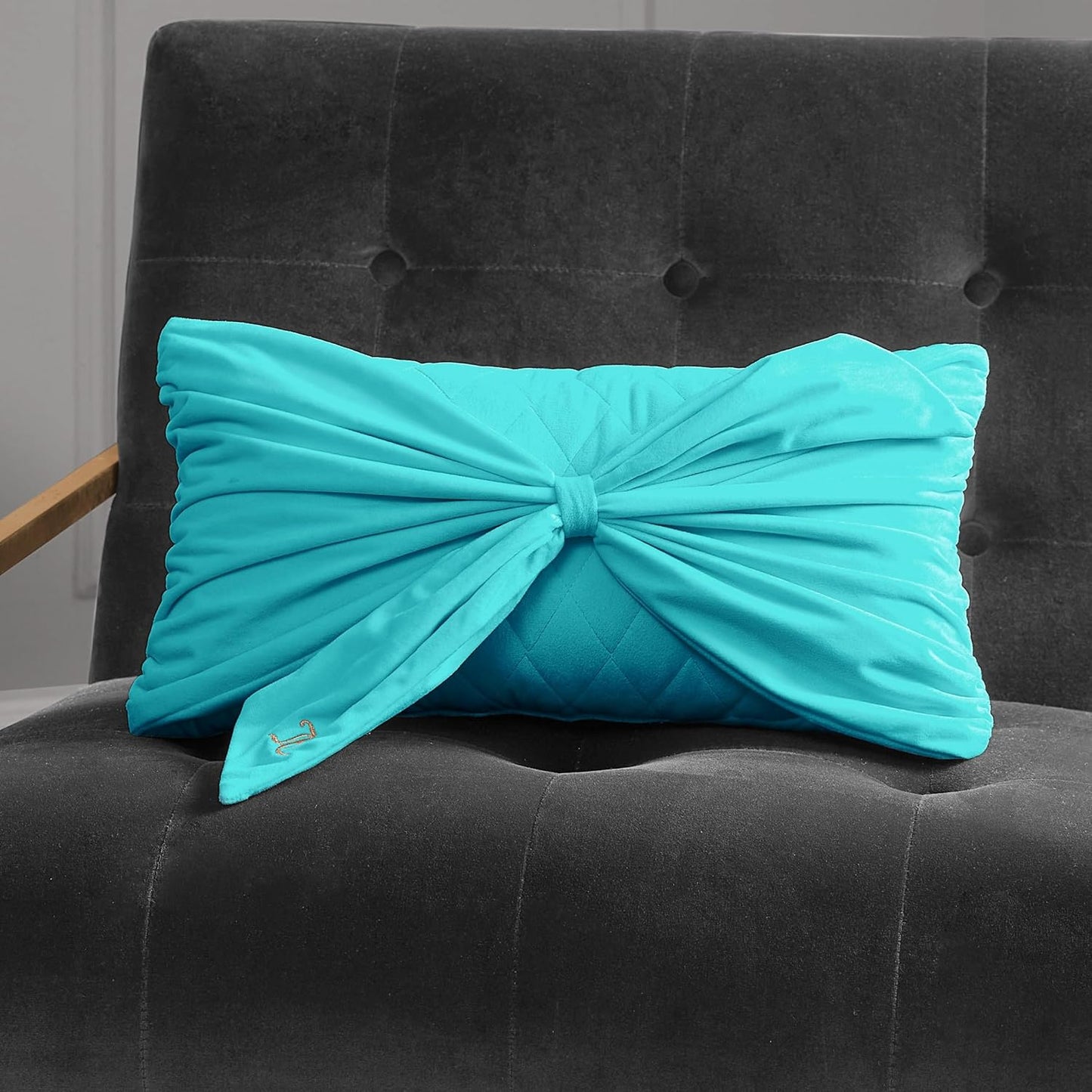 Juicy Couture Rectangle 1-Piece Decorative Accent, Premium Reversible Throw Pillow, Living Room and Bedroom Décor, 10"x18", Velvet Bow-Blue Crush
