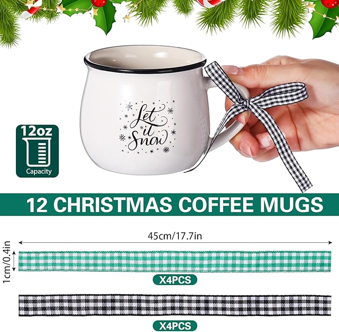 Zubebe Christmas Coffee Mugs Set of 12, 12 oz Hot Cocoa Ceramic Holiday Mugs Set for Mom, Woman, Family, Friend - Farmhouse Tiered Tray Decor, Coffee Bar Decor(Dark Green, Black, White)