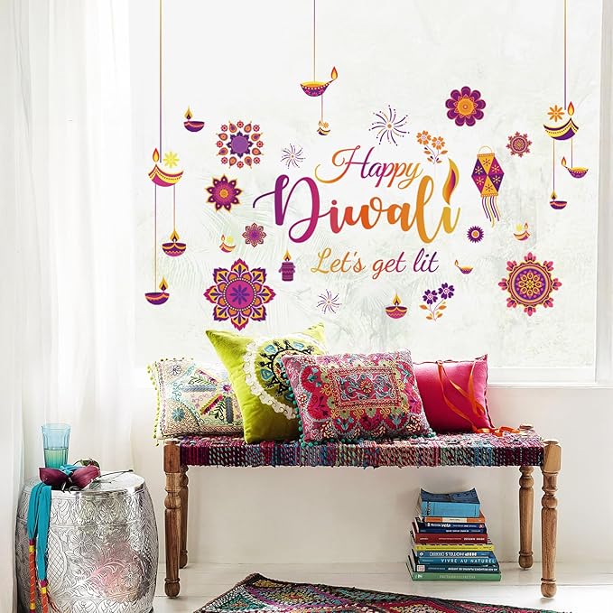 HLNIUC Happy Diwali Wall Stickers Peel and Stick(35”x12”) Let’s Get It Diwali Window Clings Double Sided,Multicolor Indian Festival of Light Wall Decal,Diyas Party Decoration Supplies for Living Room