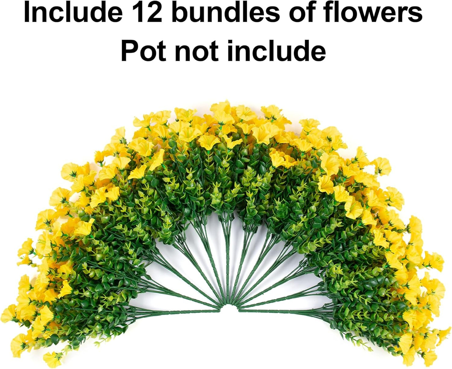 Fake Mums Fall Artificial Flowers Plants for Outdoors Autumn Decoration, 12 Bundles Yellow Silk Morning Glory with Eucalyptus Realistic UV Resistant Faux Flowers for Outside Planter Yard Garden Porch