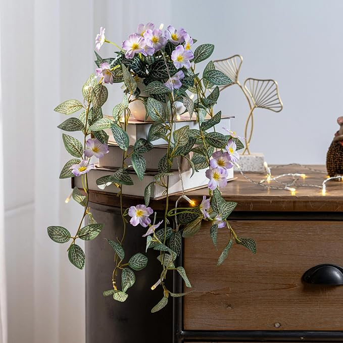 2PCS Artificial Hanging Plant with Pot Faux Hanging Plants Small Hanging Plants Pot with Artificial Vines and Flower Greenery Decoration for Living Room Wall Home Wall Shelf (Purple)