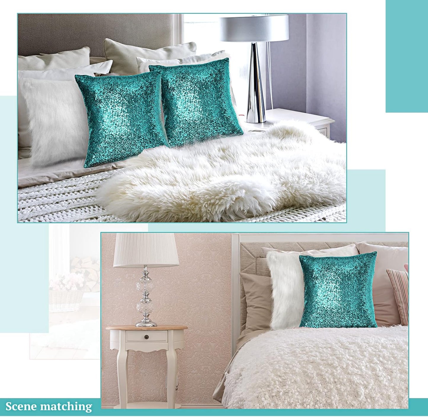 Irenare 4 Pcs Sequin and Fluffy Pillow Covers Winter Throw Pillow Cases Soft Cushion Cover for Couch Bed Sofa Xmas Day(18 x 18 Inch,Lake Blue, White)