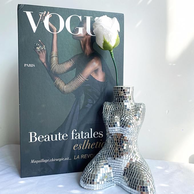 Modern Chic Vase, Handmade Ceramic Disco Flower Vase for Office Bedroom Living Room, Modern Bohemian Home Decoration,Silver,4x2.8x5.7inches