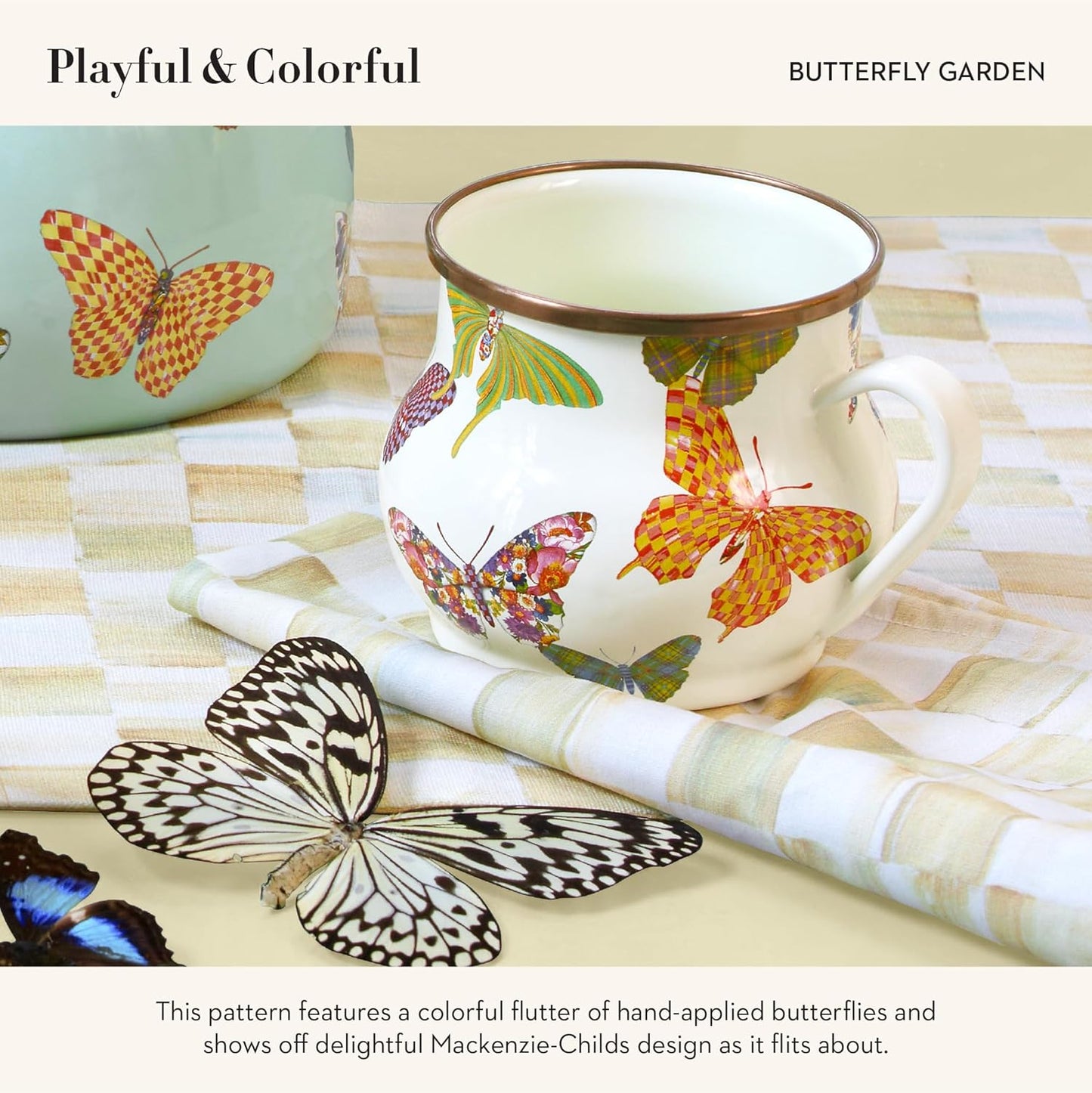 MACKENZIE-CHILDS Enamel Mug, Cute Enamelware Coffee and Tea Mug, Unique Drinkware, 16 Ounces, Butterfly Garden, Set of 1