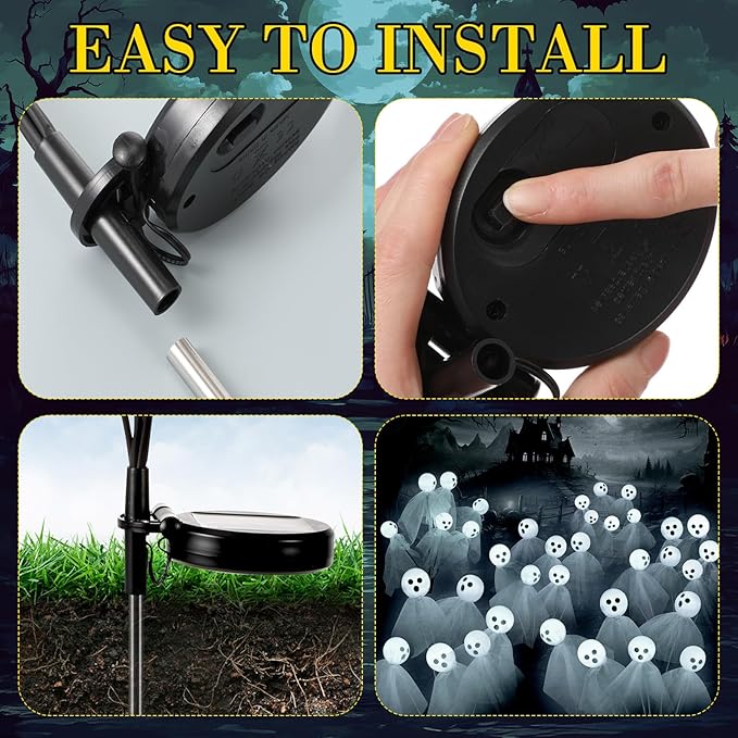 VIHOSE 2 Packs Halloween Solar Lights Outdoor 12 LED Solar Ghost Pathway Lights Waterproof Spooky Ghost Path Light Outdoor Halloween Decorations for Outside Garden Lawn Yard Decors (White)