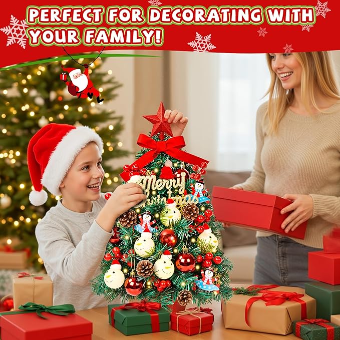 2FT Tabletop Mini Christmas Tree, 24 Inch Small Artificial Christmas Tree with Warm LED Lights, Star Treetop, DIY Ornaments, New Xmas Pine Tree Decoration for Kid Friend Family Holiday Home Office