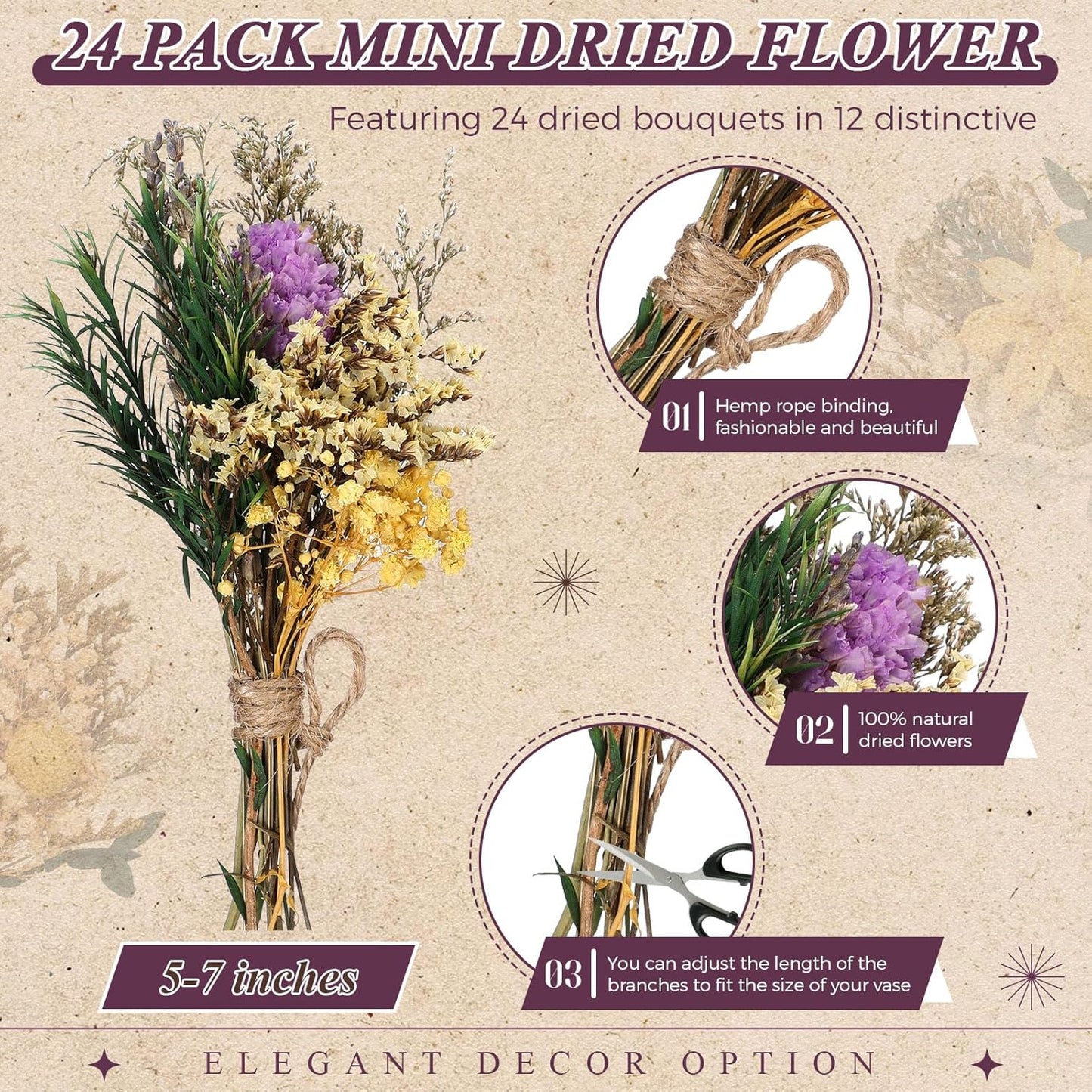 Layhit 24 Pcs Boho Dried Flower Bouquet Mini Wedding Handmade Dry Flowers Decor for Vase Crafts DIY Photo Boutonniere for Men Floral Plant for Bridesmaid Gift Birthday Decor (Vivid)