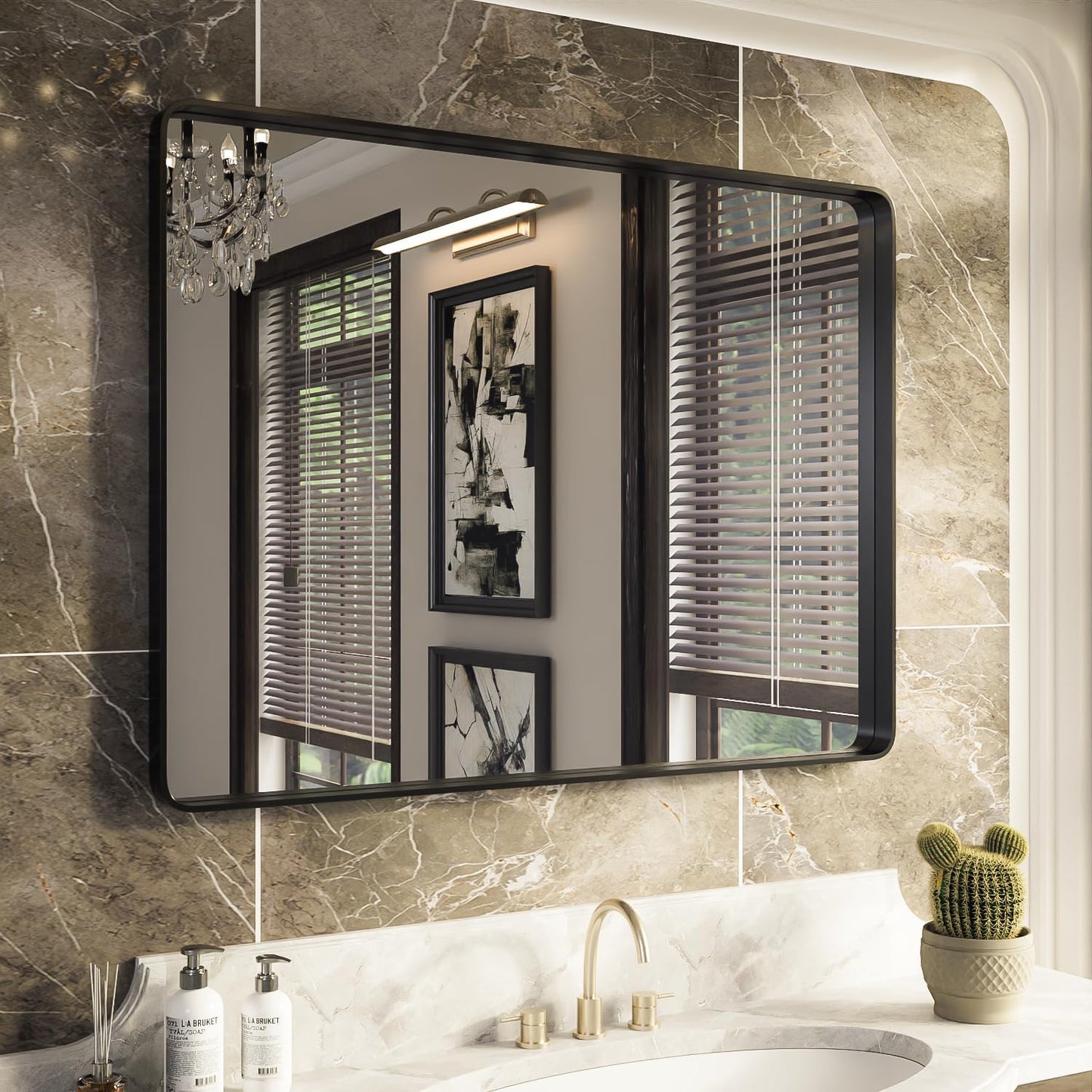 ISKM Black Metal Framed Bathroom Mirror for Wall 40" x 30" Black Bathroom Vanity Mirror, Rounded Rectangle Mirror, Anti-Rust (Horizontal/Vertical)