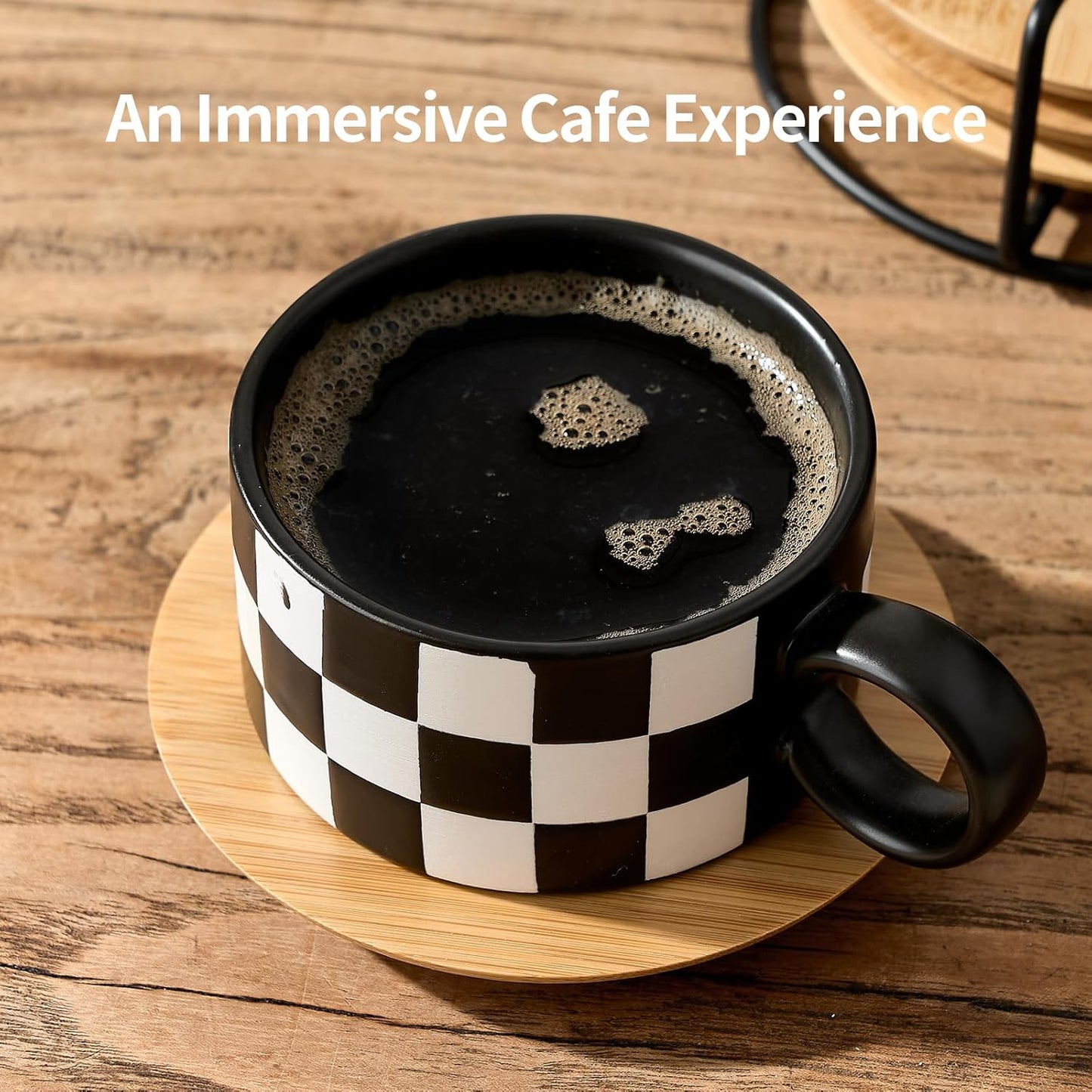 LUKA 6 Ounce Ceramic Stackable Black and White Checkered Espresso Cups with Saucers and Metal Stand Set of 4, Cappuccino Cups Set for Coffee Drinks, Latte, Cafe Mocha and Tea, Black Interior