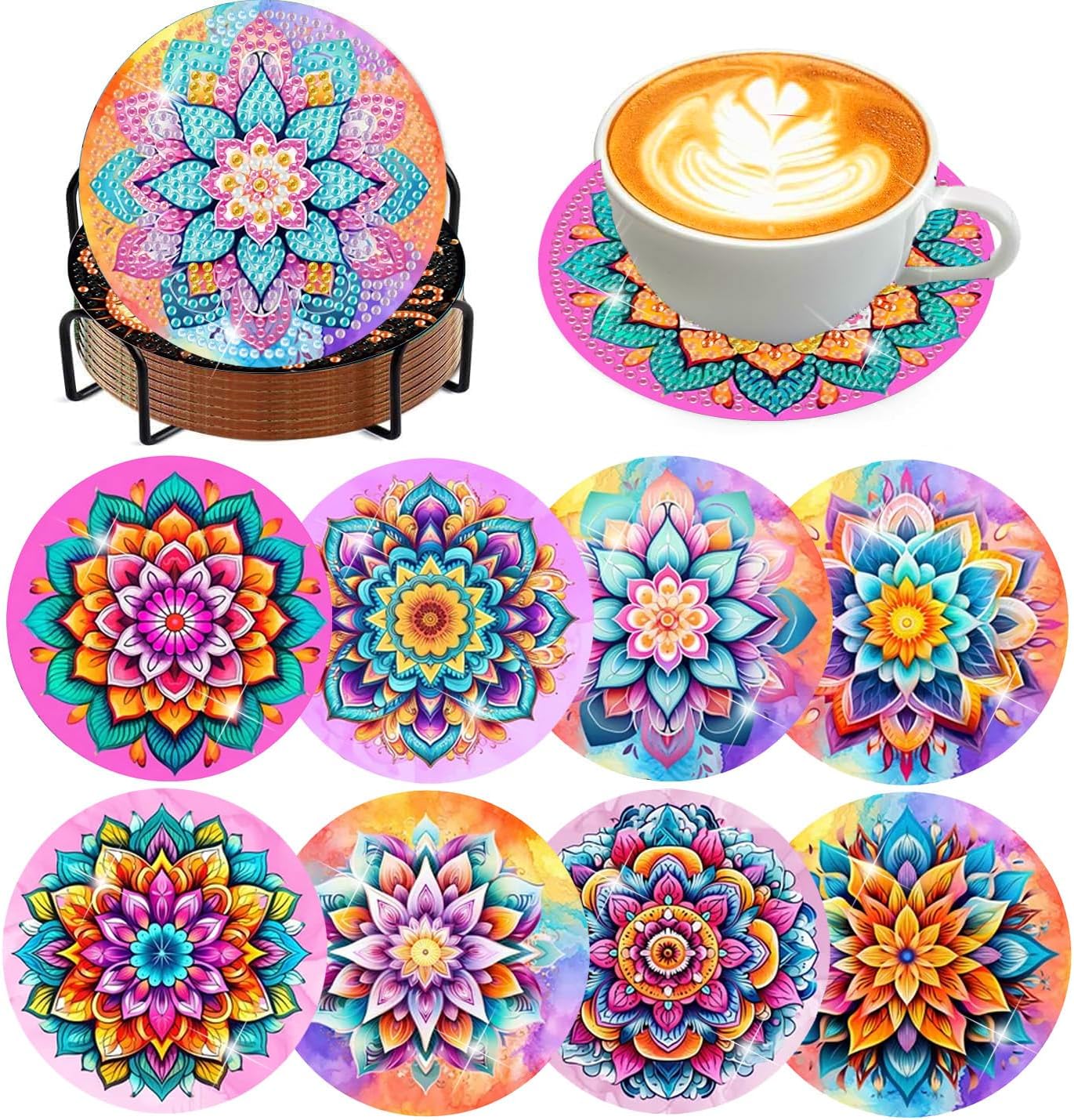 Meothan 8 Pcs Diamond Art Coasters Kits for Adults with Holder Cork Pads, Flowers Diamond Dots Art Painting Coasters Crafts Kit for Home Office Decor (Mandala Style)