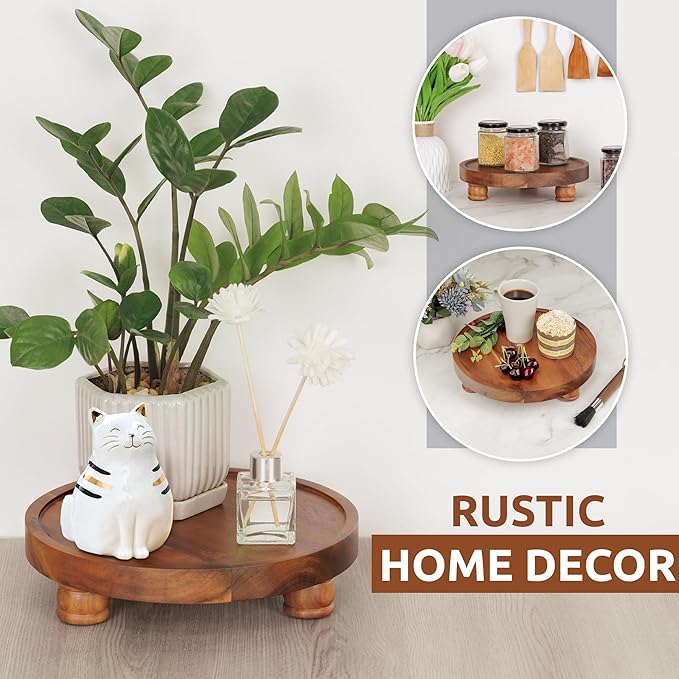 Demigo 10" Acacia Wood Round Tray - Decorative Plant Stand, Farmhouse Countertop Organizer, Multi-Purpose Display Pedestal, Riser Board for Soap, Perfume, Candles, Sponge, Bathroom, Kitchen