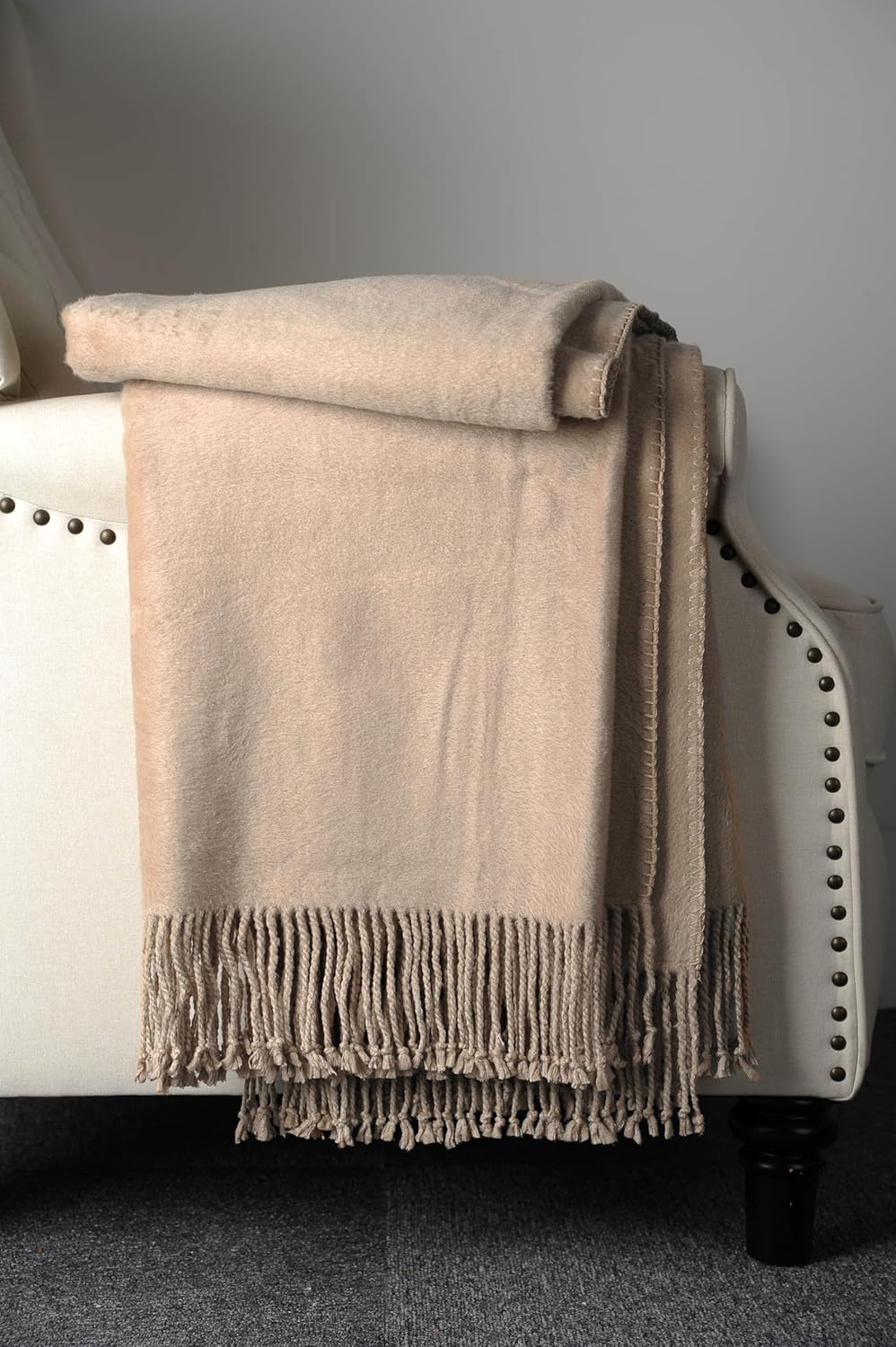 EP Mode Fringed Mulberry Silk Throw Blanket for Sofa (Rugby Tan)