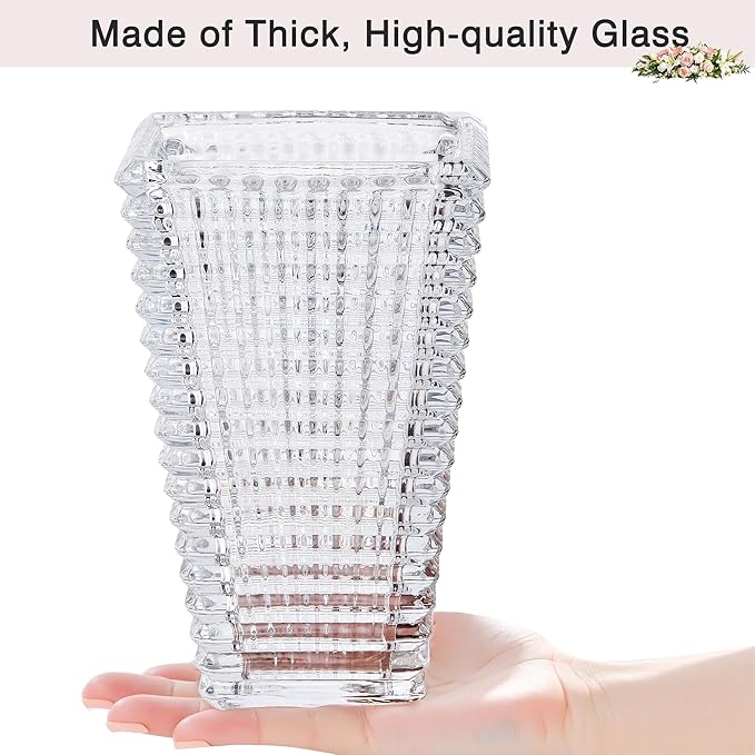 VECELO Crystal Glass Vase for Flowers, 11 Inch Clear Decorative Centerpiece Vase, Modern Square Textured Flower Vase for Dining Table, Wedding, Living Room, Office Decor