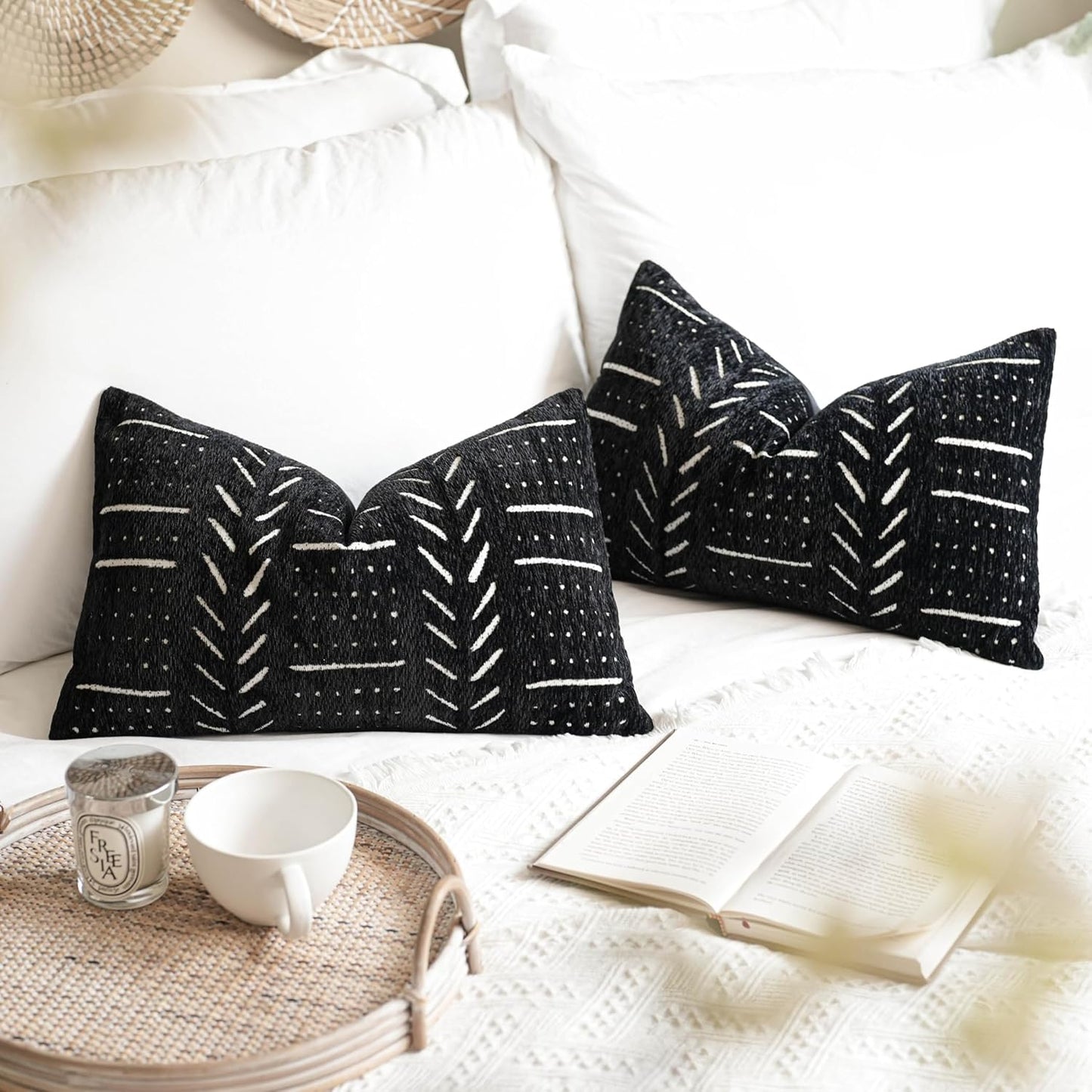 BlissBlush Black Decorative Lumbar Throw Pillow Covers 12X20, Set of 2, Boho Farmhouse Cushion Cover, Soft Accent Pillowcase for Couch Sofa Bed Living Room Home Décor