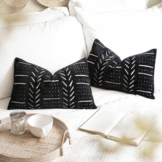 BlissBlush Black Decorative Lumbar Throw Pillow Covers 12X20, Set of 2, Boho Farmhouse Cushion Cover, Soft Accent Pillowcase for Couch Sofa Bed Living Room Home Décor