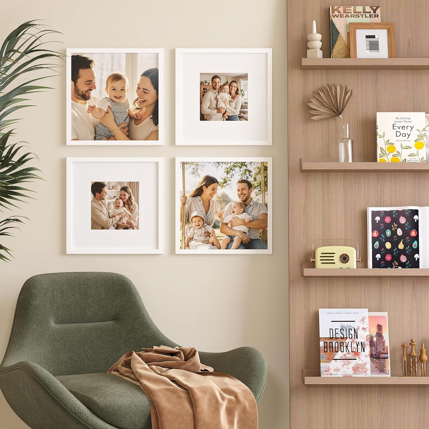 KINLINK 14x14 Picture Frame, White Square Solid Wood Frames for Pictures 8x8 with Mat or 14x14 without Mat, Wall Display Photo Frames White 4 Pack