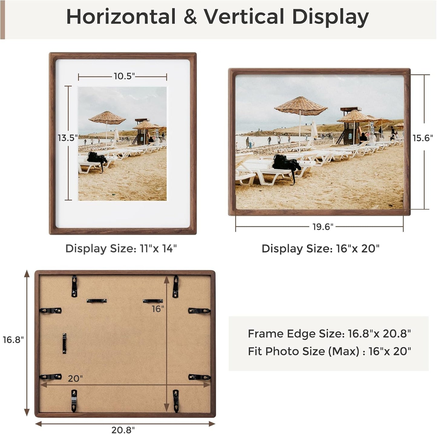 Heimlove 16x20 Picture Frames Natural Walnut,Original Wood Hand Make Crafted Poster Frame with Mat to 11x14 Graduation Picture Display,Family Picture,Wedding Picture,Photo,Document Wall Mounted