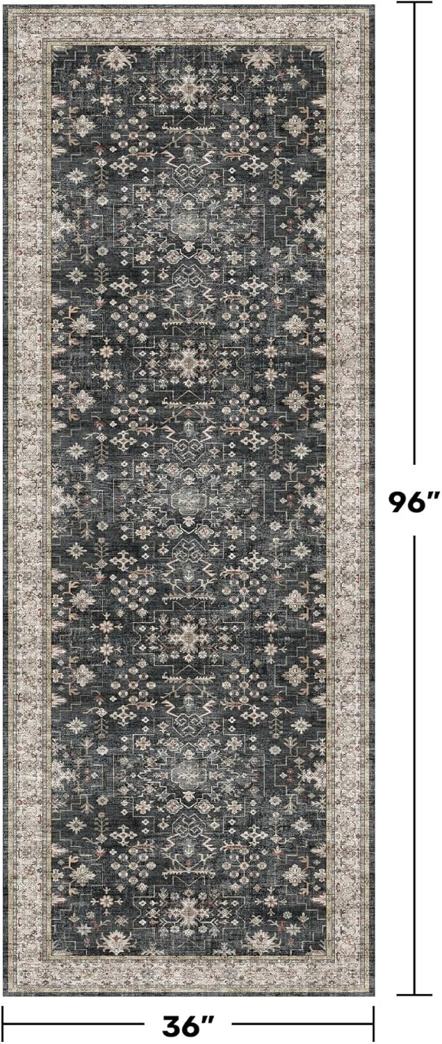 Black Washable 8ft Long Runners for Hallways, 3x8 Kitchen Runner Rug, Entryway Indoor Runner, Non Slip Boho Vintage Floor Décor for High Traffic Area