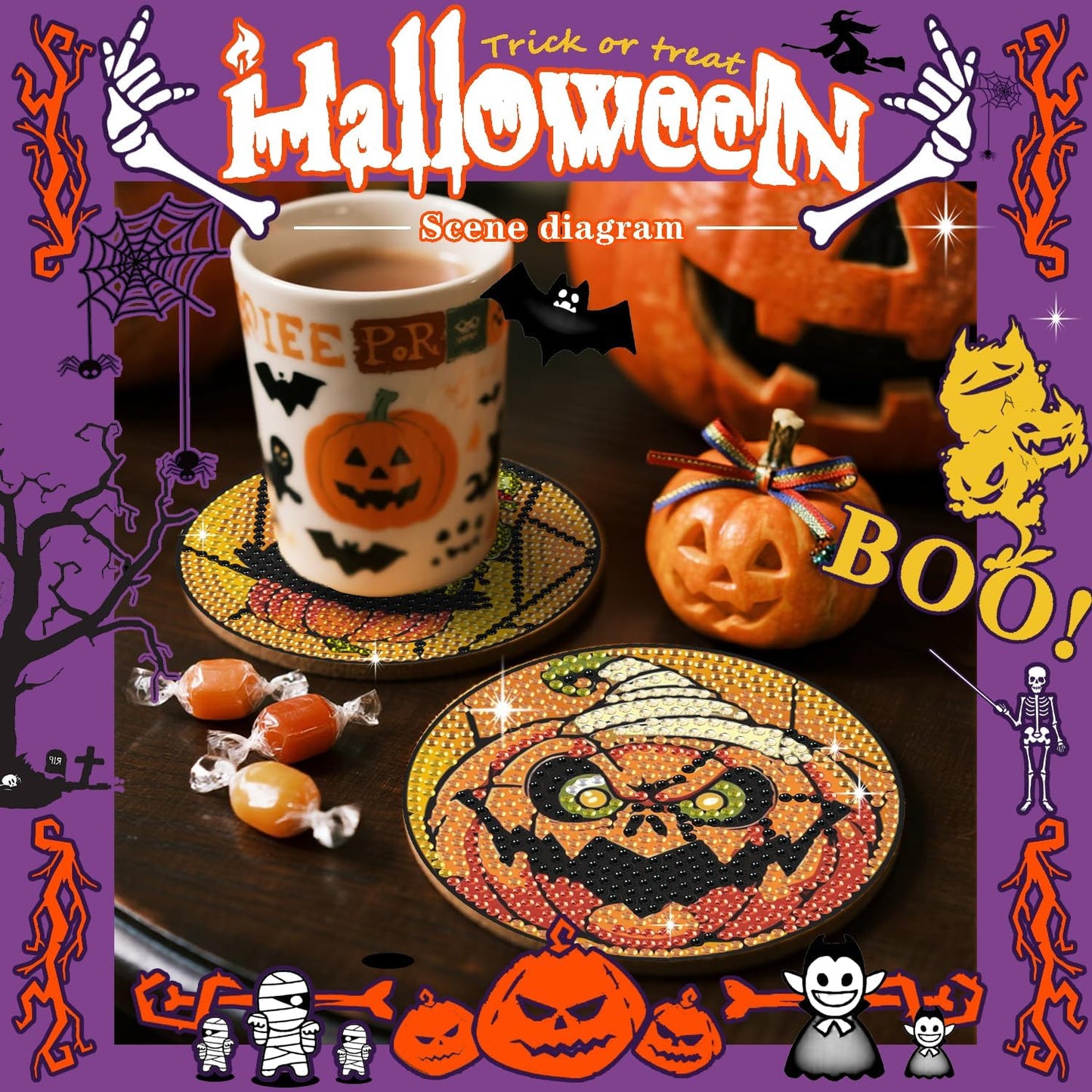 DOTSOPS Halloween Diamond Painting Coaster Set with Holder Diamond Art Kits for Adults Beginners and Kids Birthday Craft Supplies Party Fesstival Decor Set of 8