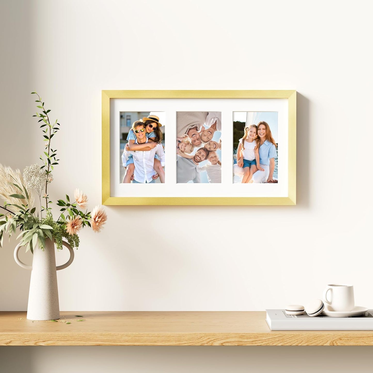 decorUhome 8x14 Picture Frames Collage Wall Decor, Display 3Pcs 4x6 Photos with Mat or 1Pcs 8x14 Unmatted, 3 4x6 Collage Picture Frames for Wall Mounting, Gold