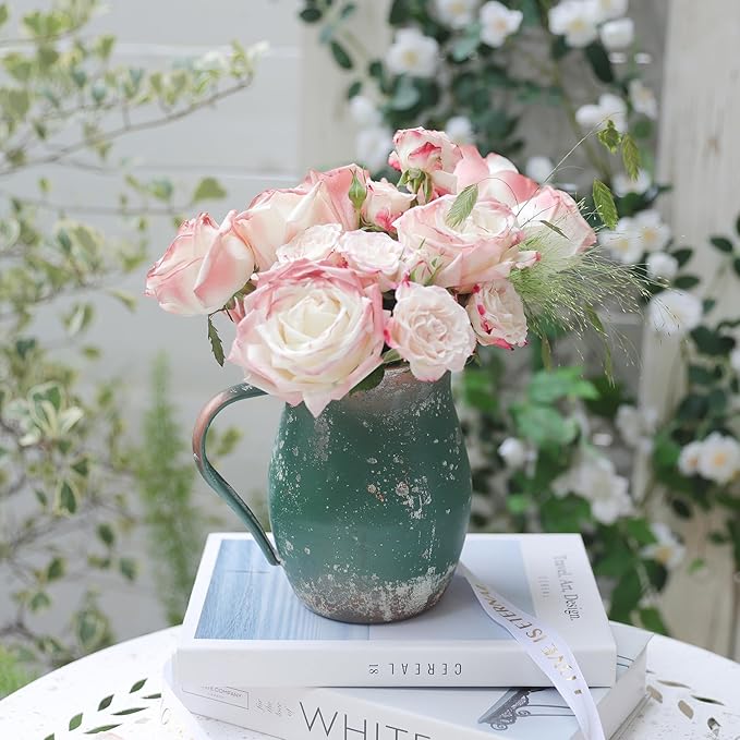 BIG FORTUNE Decorative Pitcher Vase Large Rustic Farmhouse Vase for Flowers Vintage Metal Milk Jug Vintage Decorative Pitcher Kitchen Decorations (Green)