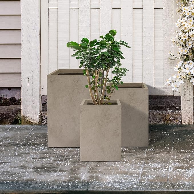 Kante 18.5",15.7",12.6" H Tall Rectangular Concrete Planters Set of 3, Outdoor Indoor Lightweight Plant Pots with Drainage Hole and Rubber Plug, Modern Style for Home Garden Patio, Weatheted Concrete