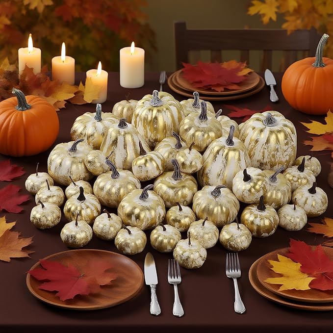 winemana 46 Pcs Assorted Size Artificial Pumpkins Fall Decorations, Gold Foam Pumpkin Autumn Decor, Decorative Faux Pumpkin for Halloween Thanksgiving Table Centerpiece Mantle Bowl Wedding Party