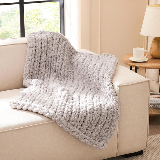 L'AGRATY Chunky Knit Blanket Throw: 30''x40'' Chenille Knitted Throw Blankets for Bed Couch - Handmade Thick Big Cable Knot Blanket - Large Chunky Crochet Rope Blankets for Home Decor(Grey)