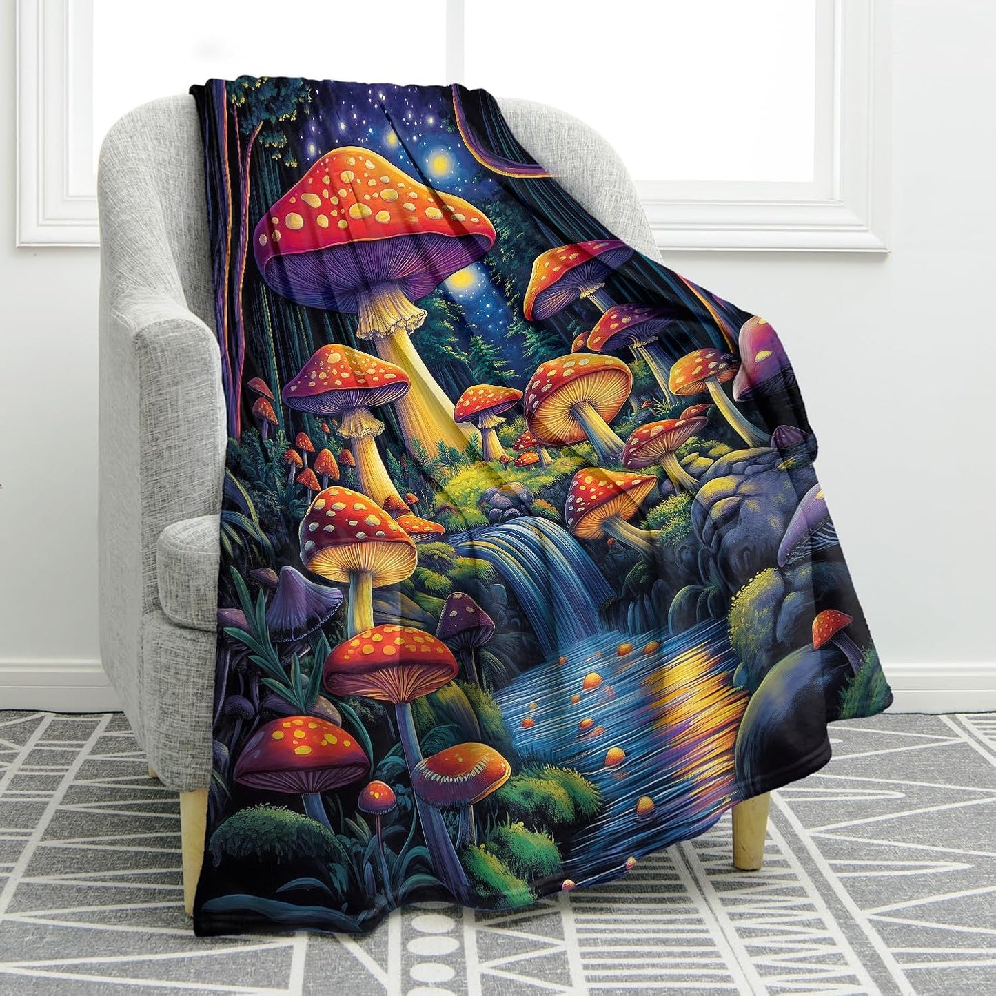 Jekeno Colorful Mushroom Forest Blanket Gifts for Women Kids Girls Boys Mom Wife Female Friends Halloween Birthday Fantasy Starry Sky Stream Home Bedroom Room Decor Throw 60"x80"