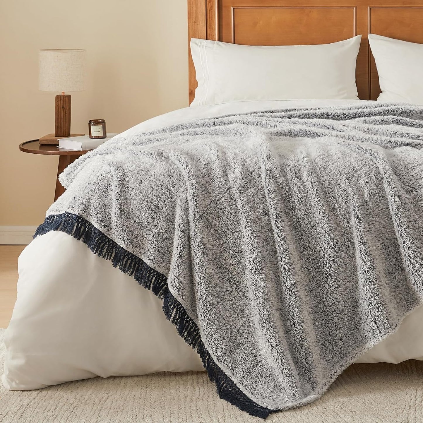 EMME Soft Sherpa Fleece Blanket with Tassel, Reversible Plush Fluffy Large Blanket, Light Weight Warm Decorative Boho Blanket Cover for Sofa, Couch, Bedroom,Travel(Tassel Navy,90"x90")