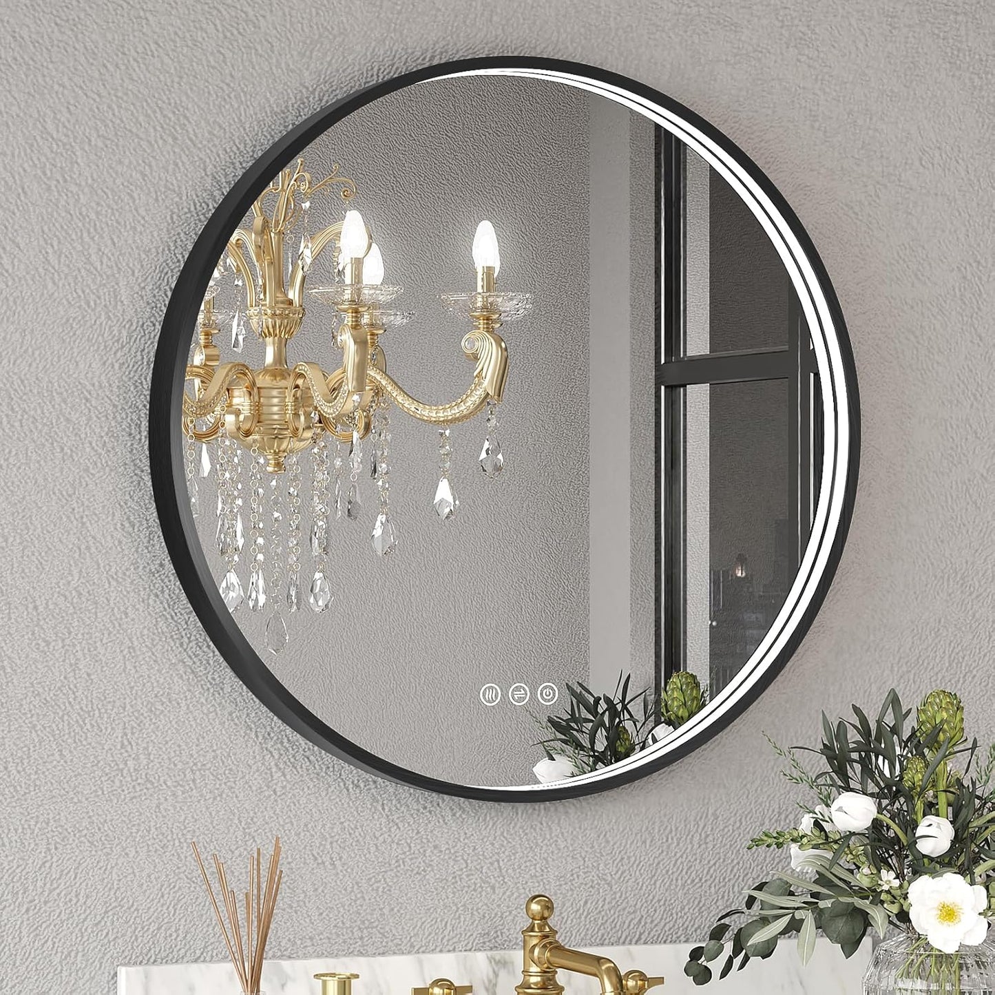 LED Bathroom Mirror with Black Framed 24 Inch, LED Mirror for Bathroom with Anti-Fog, Stepless Dimmable, Front Lit, Memory Function, Shatter-Proof