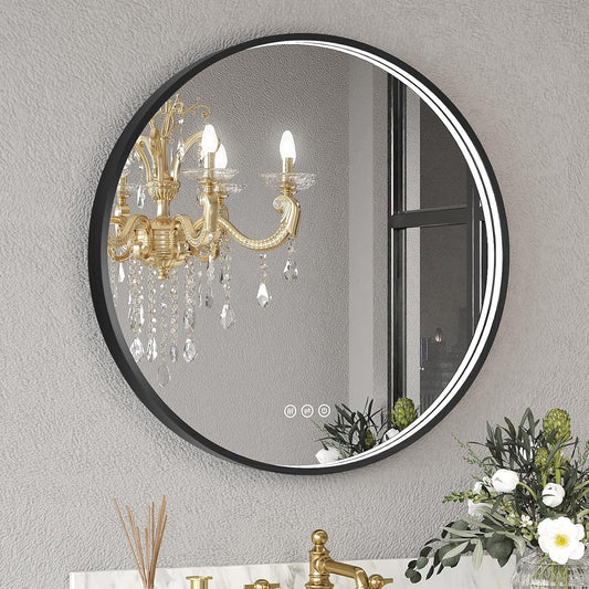 LED Bathroom Mirror with Black Framed 24 Inch, LED Mirror for Bathroom with Anti-Fog, Stepless Dimmable, Front Lit, Memory Function, Shatter-Proof