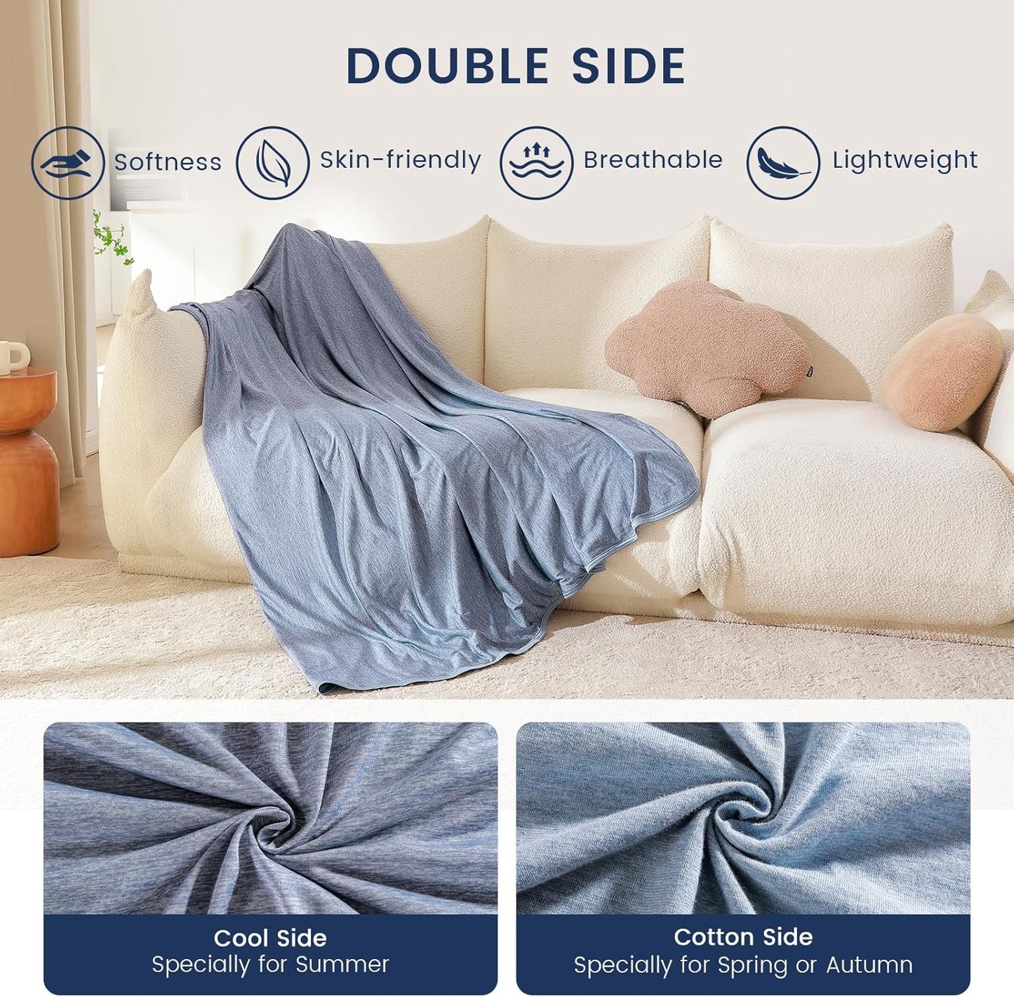 Cooling Blanket for Hot Sleepers, Summer Cold Throw for Hot Flashes or Night Sweats, Q-Max>0.45 Cool Fiber for Bed Couch, Lightweight, Comfort, Double Side, Queen Size, 79x86 in, Blue