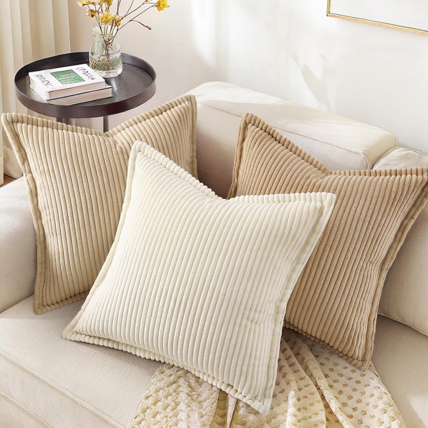 decorUhome Corduroy Light Brown Throw Pillow Covers 18x18 Set of 2 Decorative Soft Boho Farmhouse Euro Couch Pillow Covers for Living Room Bed Sofa Broadside Striped Pillow Cases