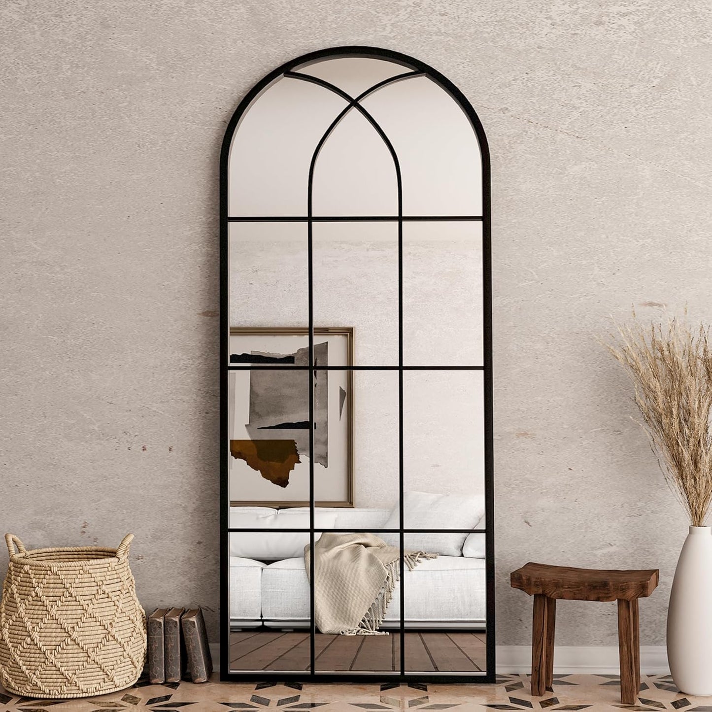 Mirror Full Length, 71"x32" Large Arched Mirror, Black Full Body Window Pane Mirrors, Oversize Farmhouse Standing Wall Mirrors Hanging or Leaning for Living Room, Entryway, No Stand