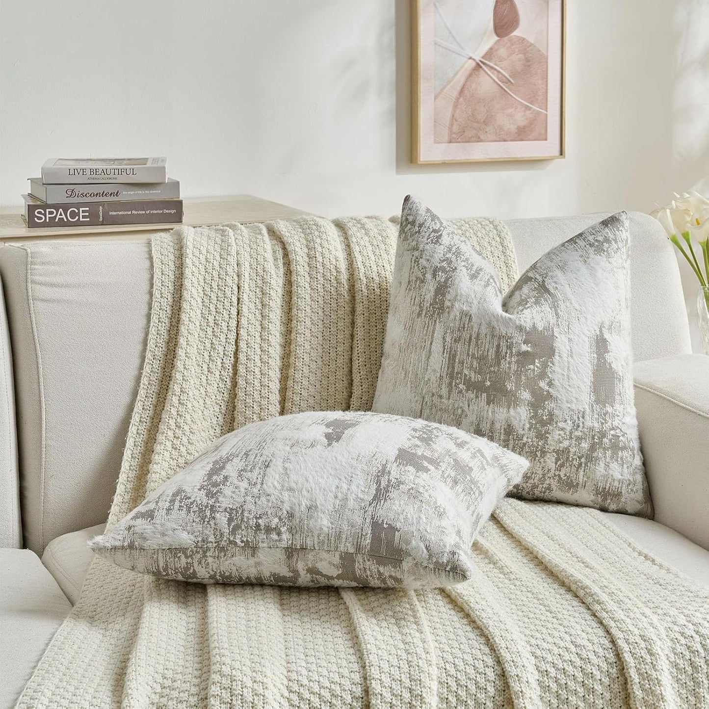 FUTEI Grey White Decorative Throw Pillow Covers 22x22 Inch Set of 2,Soft Faux Cashmere Jacquard - Textured & Cozy Cushion Case,Modern Home Decor for Couch Bed Living Room