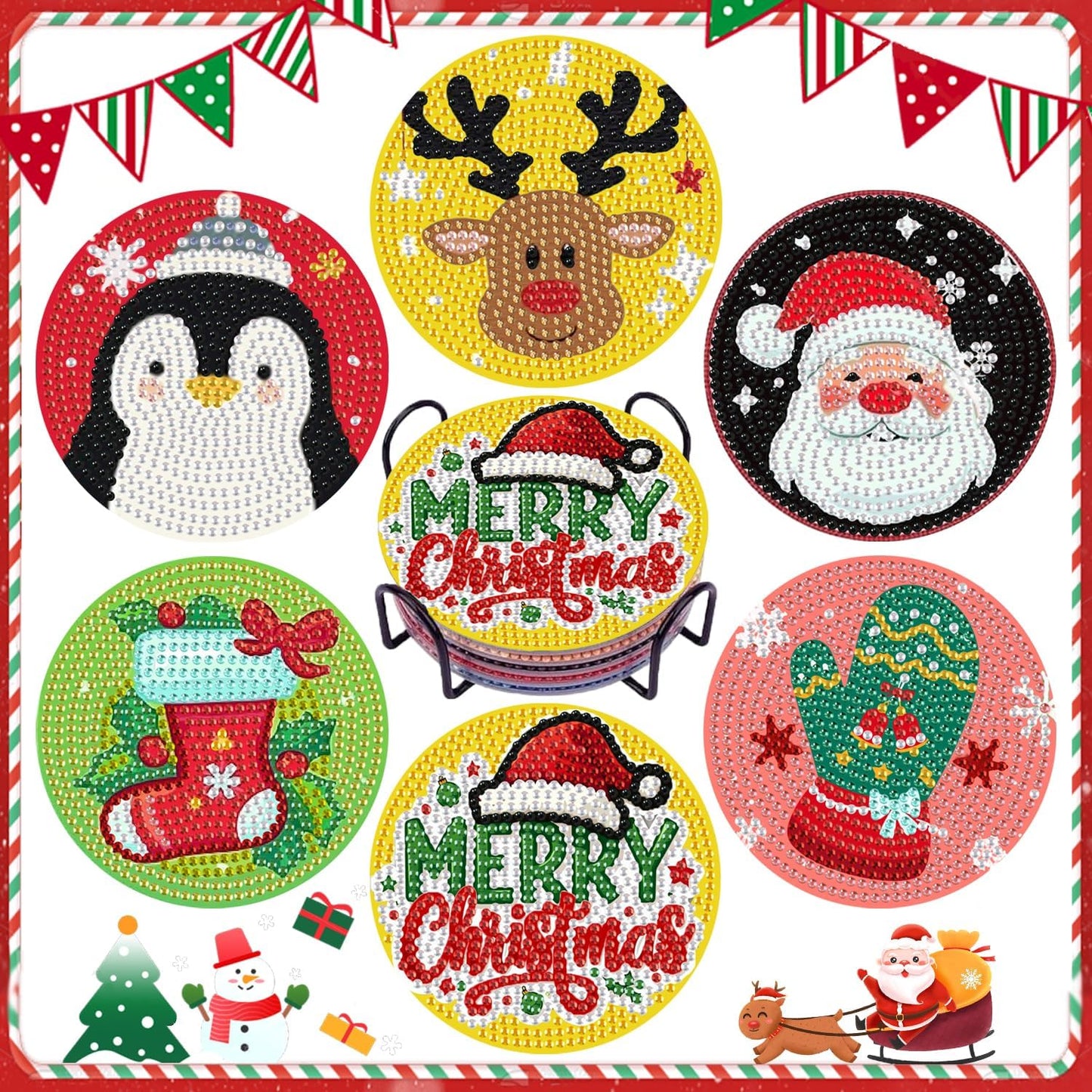DOZEEZOP 6 PCS Christmas Diamond Art Coasters Kit, Diamond Painting Coasters with Holder, Fall Diamond Art Kits for Adults Beginners, Arts and Crafts Supplies Cute Cartoon